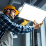 A photograph of a lighting contractor in action