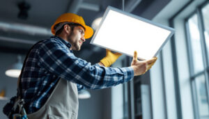 A photograph of a lighting contractor in action
