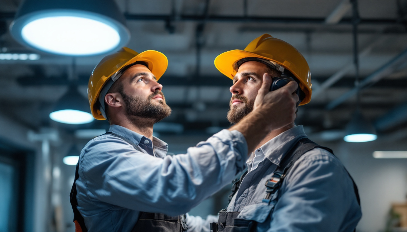 A photograph of a skilled lighting contractor expertly installing led fixtures in a modern space