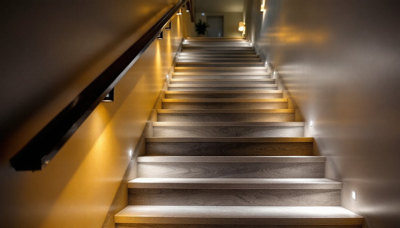 A photograph of a beautifully illuminated staircase featuring a variety of lighting options