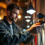 A photograph of a skilled lighting contractor working on a residential or commercial lighting installation