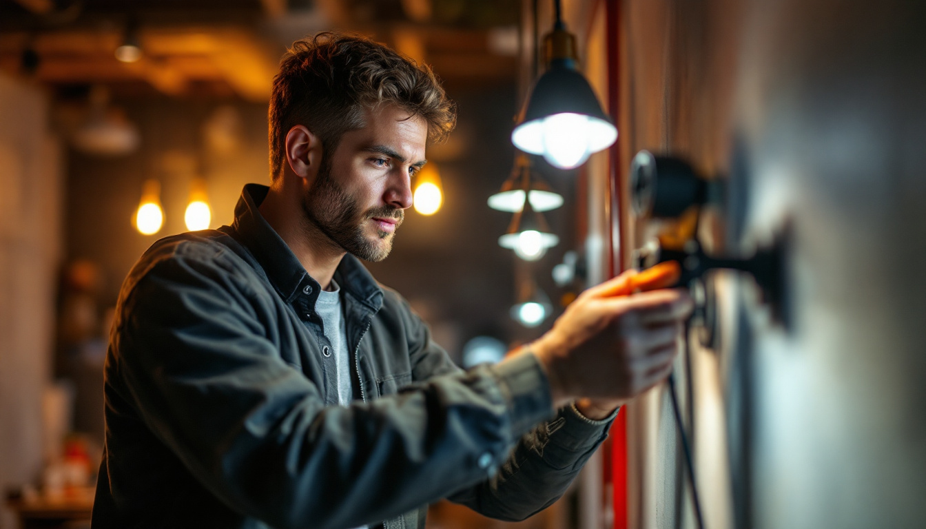 A photograph of a skilled lighting contractor working on a residential or commercial lighting installation