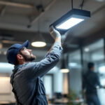 A photograph of a lighting contractor expertly installing or adjusting a cct 6000 lighting fixture in a modern commercial space