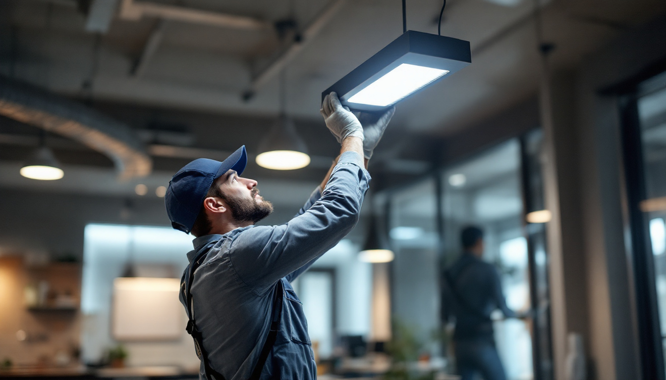 A photograph of a lighting contractor expertly installing or adjusting a cct 6000 lighting fixture in a modern commercial space