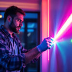 A photograph of a lighting contractor skillfully installing a colorful led strip light kit in a modern interior setting