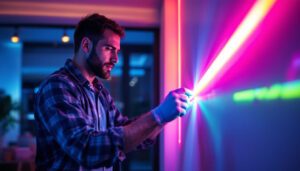 A photograph of a lighting contractor skillfully installing a colorful led strip light kit in a modern interior setting