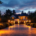 A photograph of a beautifully illuminated driveway at dusk