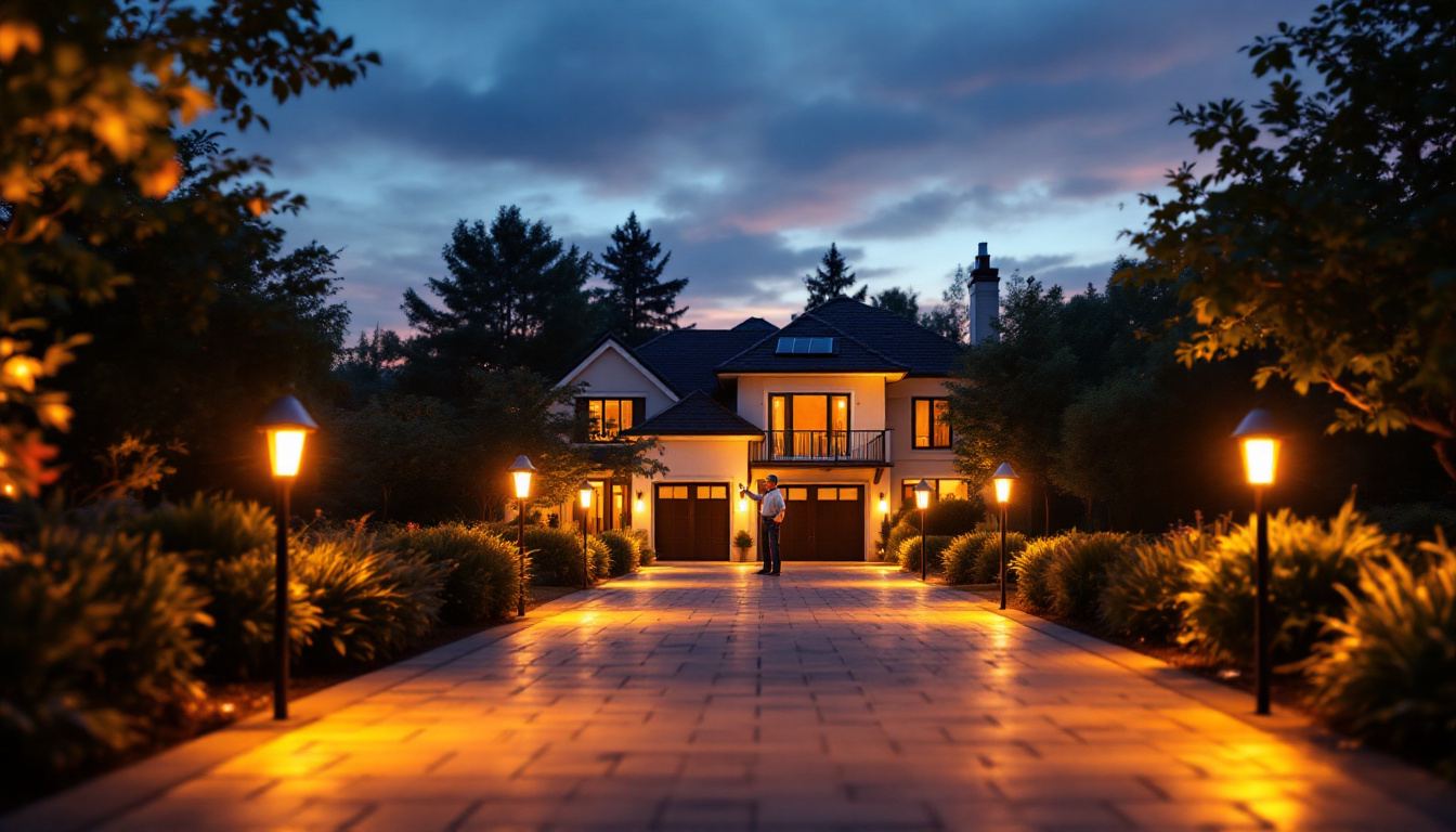 A photograph of a beautifully illuminated driveway at dusk