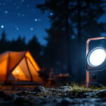 A photograph of a solar-powered camping lamp illuminating a cozy campsite at dusk