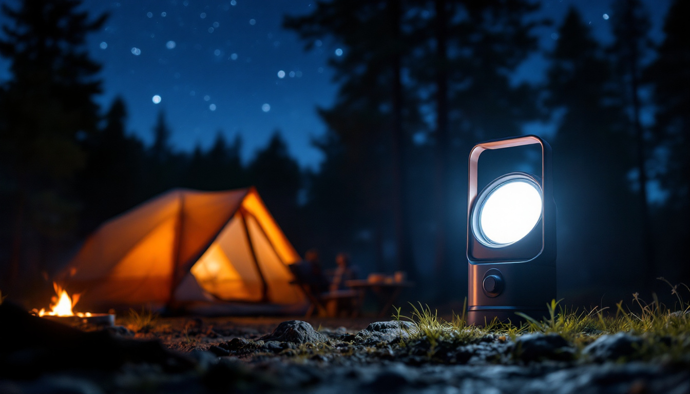 A photograph of a solar-powered camping lamp illuminating a cozy campsite at dusk