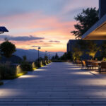 A photograph of a well-lit outdoor space at dusk