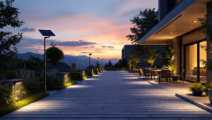 A photograph of a well-lit outdoor space at dusk