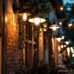 A photograph of a well-lit outdoor space showcasing various stylish and functional outdoor shop lights in use