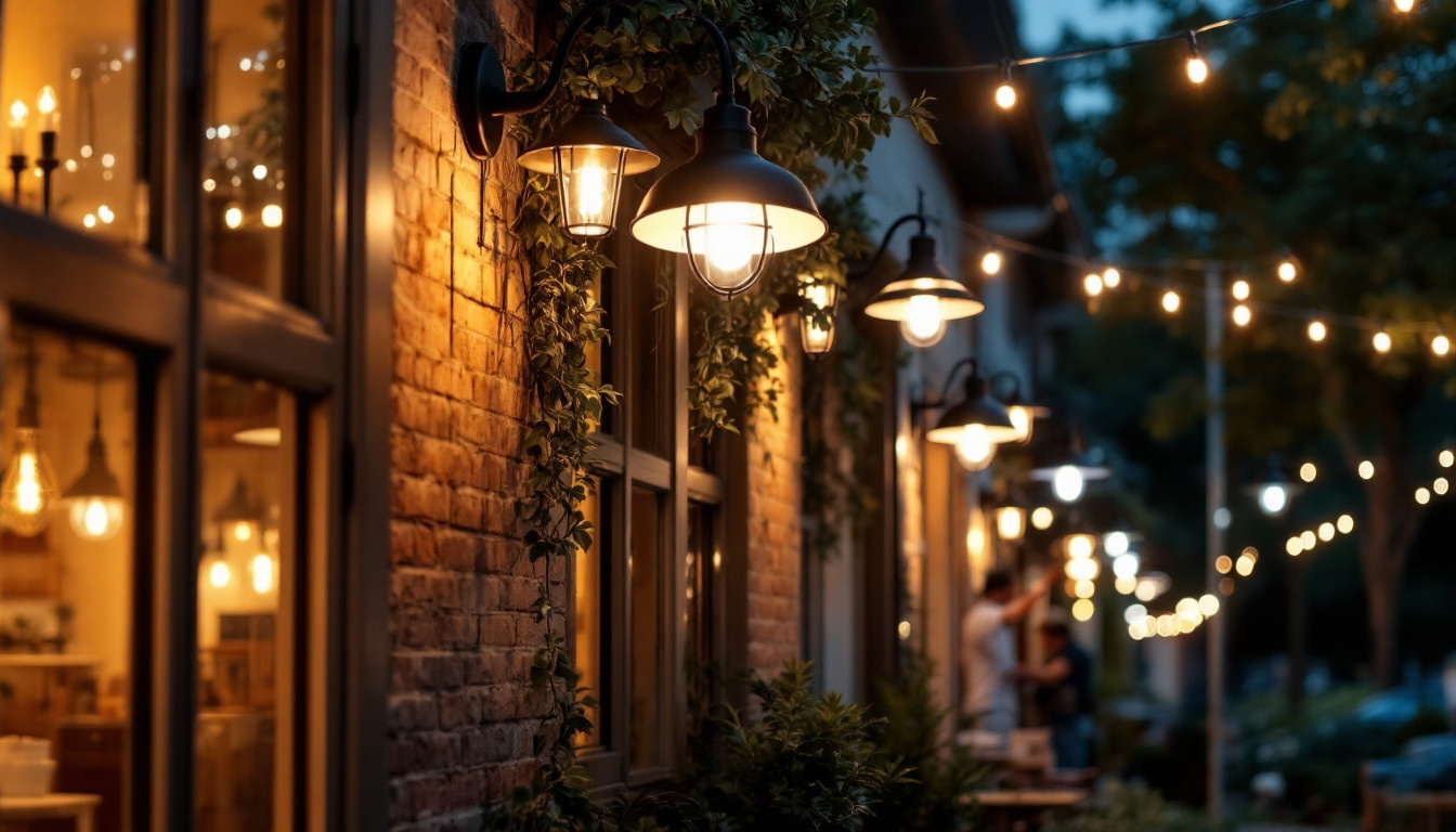 A photograph of a well-lit outdoor space showcasing various stylish and functional outdoor shop lights in use