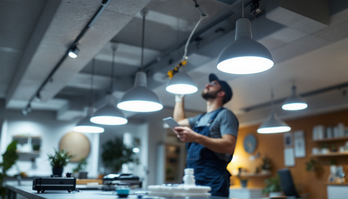 A photograph of a lighting contractor expertly installing cam lights in a residential or commercial space