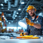 A photograph of a lighting contractor installing industrial led light bulbs in a large commercial space