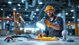 A photograph of a lighting contractor installing industrial led light bulbs in a large commercial space