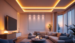 A photograph of a beautifully designed living space featuring led strip lights elegantly installed along the ceiling