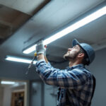 A photograph of a lighting contractor installing a 4 ft led light in a commercial space
