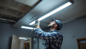 A photograph of a lighting contractor installing a 4 ft led light in a commercial space