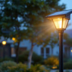 A photograph of a sleek solar lamp post light fixture installed in a beautifully landscaped outdoor setting