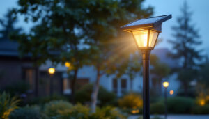 A photograph of a sleek solar lamp post light fixture installed in a beautifully landscaped outdoor setting