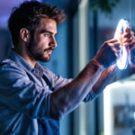 A photograph of a lighting contractor skillfully installing vibrant led strip lights in a modern interior setting