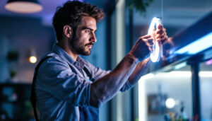 A photograph of a lighting contractor skillfully installing vibrant led strip lights in a modern interior setting