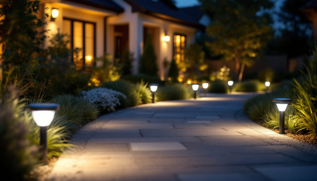 A photograph of a well-lit outdoor space featuring various styles of external solar led lights installed in a residential setting