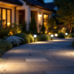 A photograph of a well-lit outdoor space featuring various styles of external solar led lights installed in a residential setting