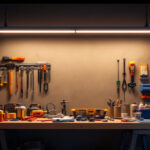 A photograph of a well-lit workspace featuring a 4 ft led light fixture installed above a contractor's workbench