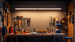 A photograph of a well-lit workspace featuring a 4 ft led light fixture installed above a contractor's workbench