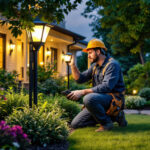 A photograph of a skilled lighting contractor installing solar light fixtures in a beautifully landscaped outdoor setting
