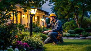 A photograph of a skilled lighting contractor installing solar light fixtures in a beautifully landscaped outdoor setting
