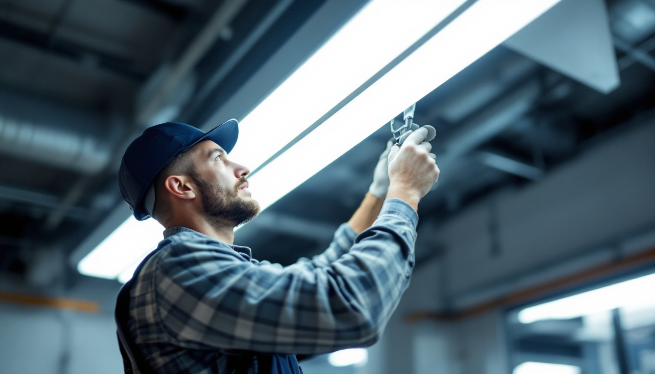 A photograph of a lighting contractor installing a 2x4 led light fixture in a commercial space