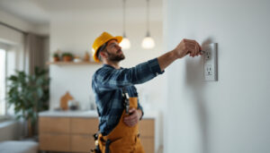 A photograph of a skilled electrician installing modern electrical receptacles in a well-lit residential space
