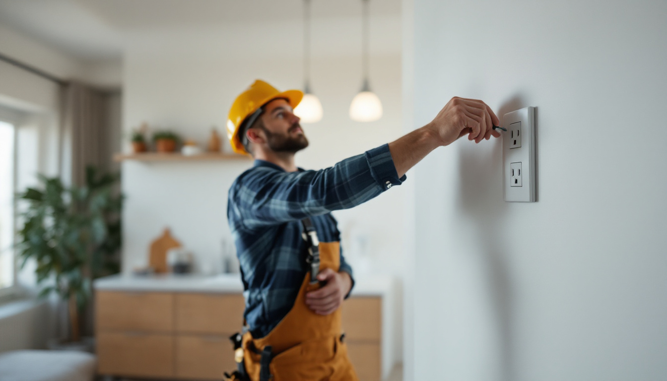 A photograph of a skilled electrician installing modern electrical receptacles in a well-lit residential space