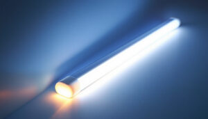 A photograph of a t5 fluorescent tube illuminated in a well-designed lighting project setting