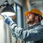 A photograph of a lighting contractor adjusting or resetting a modern light fixture in a well-lit space