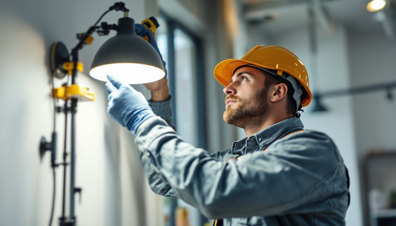 A photograph of a lighting contractor adjusting or resetting a modern light fixture in a well-lit space
