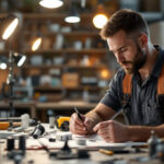 A photograph of a lighting contractor examining different styles of track lights in a well-lit workspace