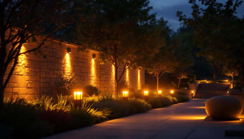 A photograph of a beautifully lit outdoor space at dusk