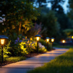 A photograph of a beautifully illuminated outdoor space featuring solar-powered landscaping lights