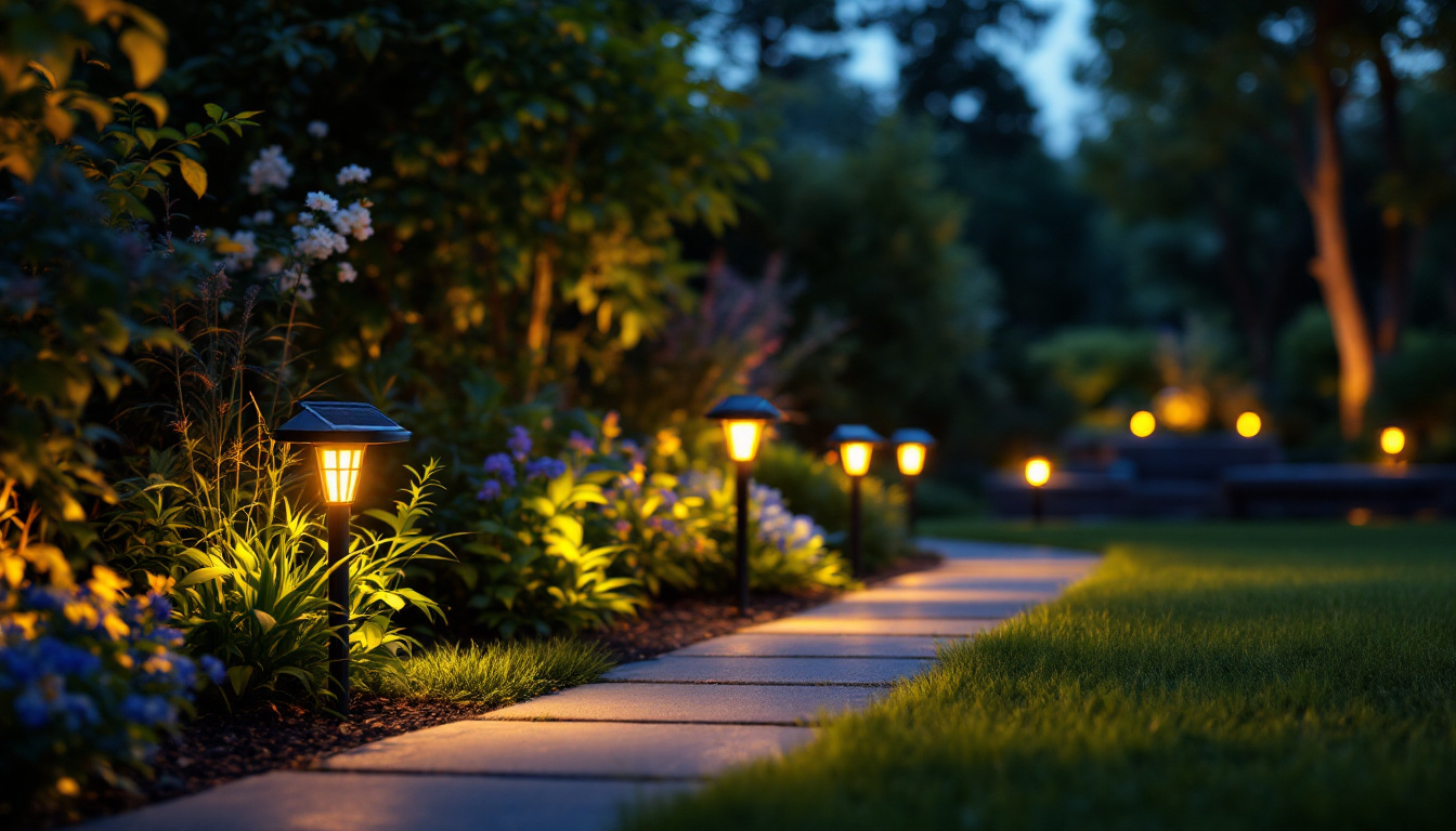 A photograph of a beautifully illuminated outdoor space featuring solar-powered landscaping lights