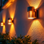 A photograph of a beautifully illuminated exterior wall featuring stylish solar lights in a residential setting