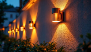 A photograph of a beautifully illuminated exterior wall featuring stylish solar lights in a residential setting