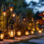 A photograph of a beautifully arranged display of dusk till dawn lamps in a well-lit outdoor setting