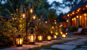 A photograph of a beautifully arranged display of dusk till dawn lamps in a well-lit outdoor setting