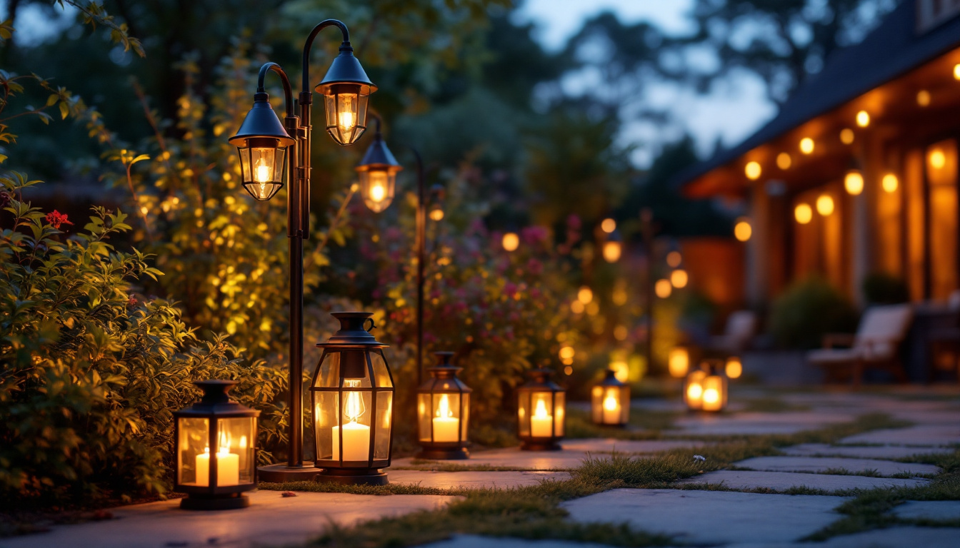 A photograph of a beautifully arranged display of dusk till dawn lamps in a well-lit outdoor setting