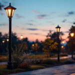 A photograph of a well-lit outdoor setting featuring various styles of light poles